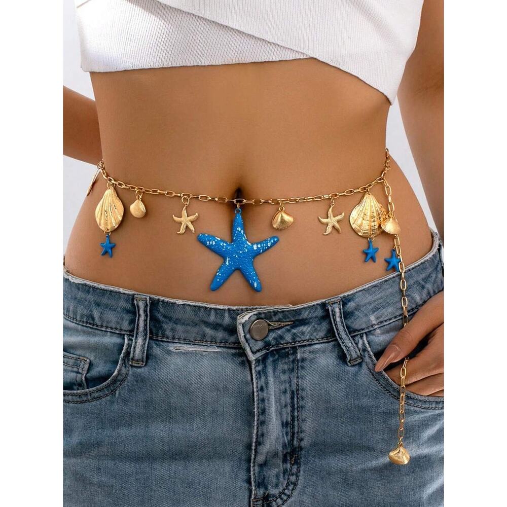Blue Starfish & Beach Boho Gold Golden Seashell Waist Chain Belt